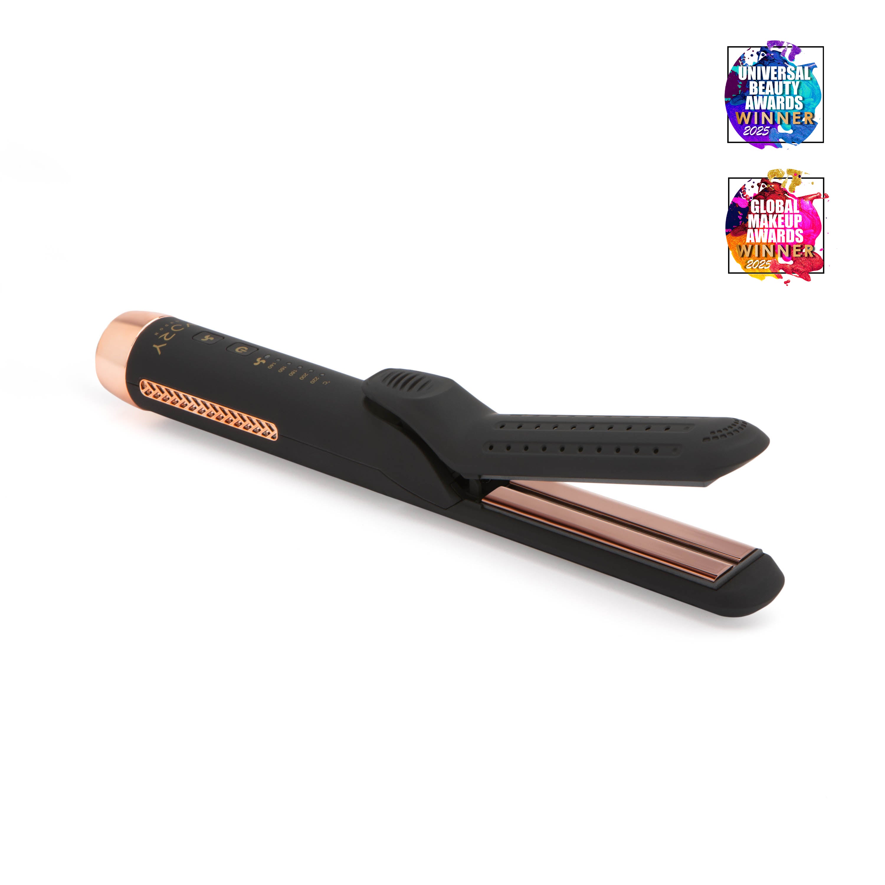 Black and rose gold hair straightener on a white background with awards displayed.